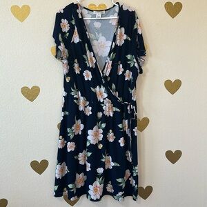 Planet gold plus 3X faux wrap dress navy with floral print